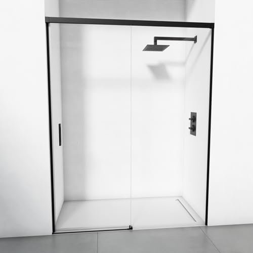 Mampara de ducha reversible 1 corredera + 1 fijo - Perfilería minimalista - Cristal transparente templado 6 mm antical - Negro mate - Ancho adaptable 96-100 - Alto 195 cm