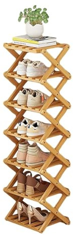 Outer Treasure Vertical Shoe Rack Small, Wooden Shoe Storage Cabinet | No Installation, Foldable Multi Layer Narrow Corner Shoe Rack for Corridor Bedroom Hallway Small Spaces, 7 Tier, Natural