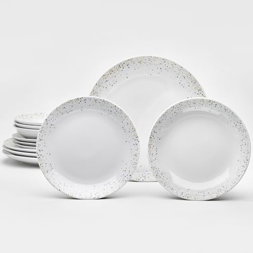 van Well Stella Geschirrset für 4 Personen – 12-teiliges Porzellan Kombi-Service weiß mit Metallic Punkten in Gold und Silber – Geschirr Set mit runder Form – Für die perfekt gedeckte Tafel