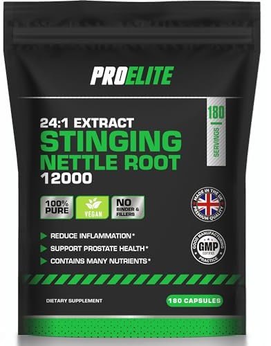 Stinging Nettle Root | 180 Capsules Vegan - 24:1 Extract 12,000mg Nettle Root per Capsule | High Strength Stinging Nettle Alternative to Powder NO Fillers & Binders | Made in UK by PROELITE