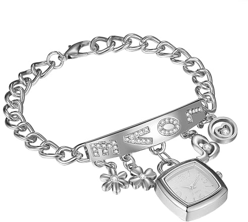 JewelryWe Quadratische Uhren Damen Metallarmband: Glitzer Strass Love Herz Blumen Blütenblätter Damenuhr Analog Quarz Armbanduhr Frauen Panzerkette Armband Armkette Freizeit Uhr