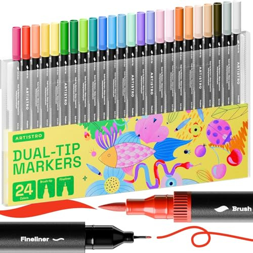 Artistro Marker mit Doppelspitze – 24 Malmarker – Marker mit Pinselspitze und 0,4 mm Fineliner – Malmarker für Erwachsene, Bullet Journal-Stifte, Marker für Malbücher für Erwachsene, kein Auslaufen
