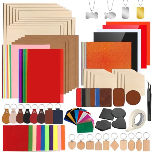 Adrattnay Lasermaterial-Erkundungs-Set, 170-teiliges Lasergravurzubehör zum Basteln, 17 Arten von Rohlingen, einschließlich Lindenholz, Birke, Acryl, Leder, Metall für Graviermaschine | 17 Arten Laser-Rohlinge inklusive Lindenholz, Birke, Acryl, Leder, Metall für Graviermaschinen, Basteln