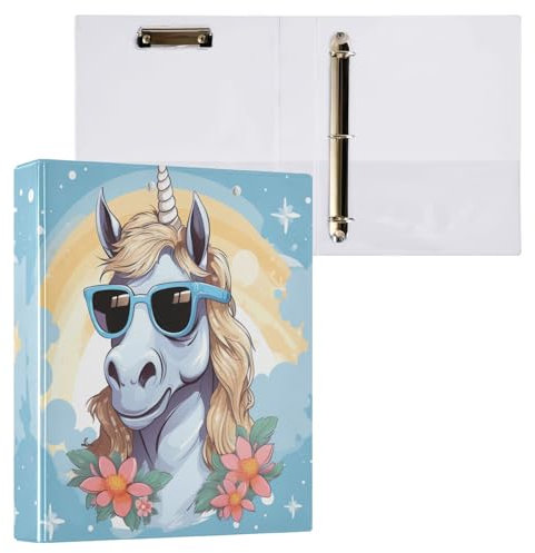 Ordner mit niedlichem Einhorn mit Sonnenbrille, 3,8 cm, 3 Ringe, für 200 Blatt, Mädchenordner für die Schule