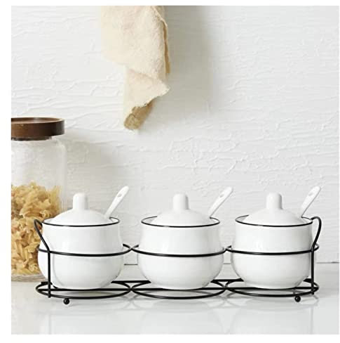 MYVVKIA Condiment Jar Ceramic Salt Pepper Tank Set Cruet Seasoning Jar With Iron Holder Spoon Condiment Sugar Spice Storage Box Cooking Tools Jars