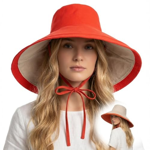 HIQIU Solhatt damer dubbelsidig bred stort brätte solskyddshatt utomhus semester vikbar strand UV skydd hink hatt fiskarhatt, apelsin, 56-58