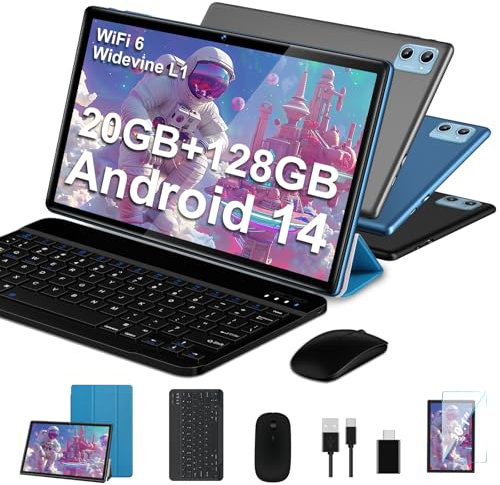SUAAT 2024 Nouvelle Tablette 10 Pouces Android 14 avec 20Go RAM + 128Go ROM (1To TF Extensible), 5G WiFi, 8Cœurs,WiFi 6, GMS Certified Widevine L1, Tablette Tactile avec Etui| Clavier| Souris -Bleu