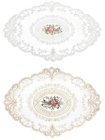 Irikdescia 2 Stück Retro Lace Placemats, Beige Häkeldeckchen, Spitzendeckchen für Tische, Ovale Tischsets aus Spitze, Dekorative Kleine Tischdecke, Elegante Tischdeckchen