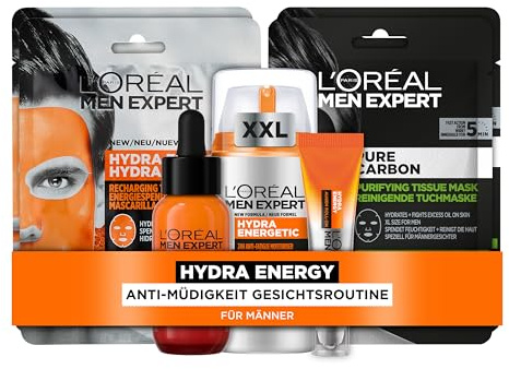 L'Oréal Men Expert Pflegeset gegen müde Haut für Männer, Mit XXL Gesichtscreme, Gesichtsserum, Augen Roll-On und 4x Tuchmasken, Set für Herren mit Vitamin C, Hydra Energy, 4-teilig