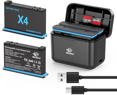 melasta 3.85V 2500mAh for Insta360 X4 Battery And Charger With USB-A To C Cable, Camera Battery Charger With Storage SD Card And Fast Charge