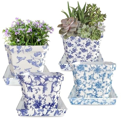 BSTMOME Set of 4 Decorative Plant Pots Blue and White Flower Pot, Square PP Planters for Indoor Plants Pots with Drainage Hole Saucers, Retro Planter Pot for Succulents Cactus Outdoor Garden, 10CM
