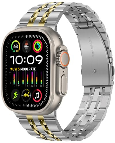 Tasikar Compatible with Apple Watch Ultra 3 Band 49mm, Men Women Strap Solid Stainless Steel Metal Bracelet Compatible for Apple Watch Ultra 3 2 1 49mm, Silver-Gold