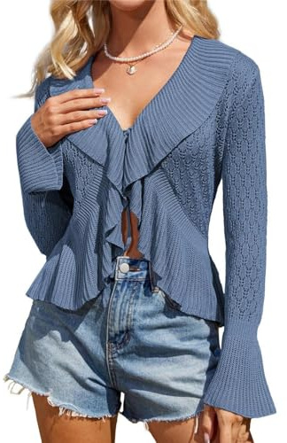 GRACE KARIN Cardigan en crochet noué sur le devant pour femme - Manches cloches - Châle léger - Cardigan tricoté - Cache-maillot de plage, bleu, XXL