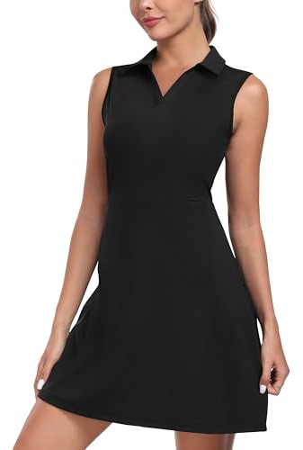 MoFiz Tenniskleid mit Hose Damen Ärmellos V-Ausschnitt Sommer Golf Sportkleider Freizeitkleider Polokleid mit Reißverschlusstaschen
