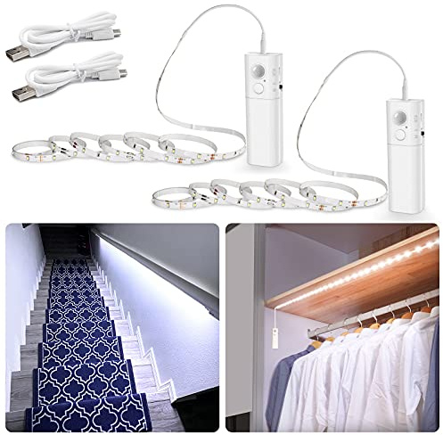 WOBANE 2x2m LED Streifen mit Bewegungsmelder, USB Wiederaufladbar, Kaltweiß | 2×2000mAh Akku, Auto Ein/Aus, Kabellos, Selbstklebend, Magnetische Batteriebox, Für Kleiderschrank, Treppen, 6000K, 2er Pack