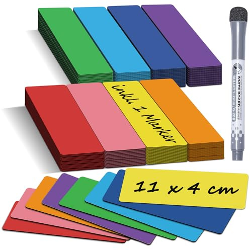 BIROYAL 25 Stk Magnetstreifen beschreibbar 11x4cm - 8 Farben Whiteboard Magnete zum Beschriften - beschreibbare Magnete für Magnettafel Kühlschrank Tafel - Magnetschilder zum Beschriften inkl.1 Marker