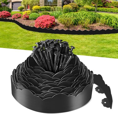 Lawn Edging Border 10cm Tall 15m Flexible Garden Edging Borders Strip with 75pcs Pegs for Yards Edge, Flower Beds Fence & Grass Paths Edging Tool, No Dig Plastic Edging for Lawns (Black)