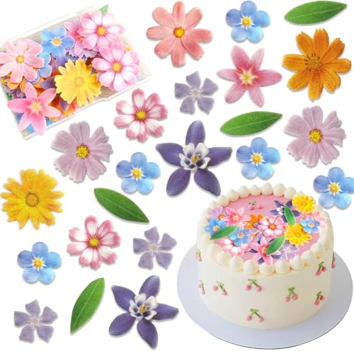 Morofme 60pcs Essbare Blumen für Torte, Essbare Blumen Blätter Kuchen Dekor, Esspapier Gänseblümchen Cupcake Topper für Hochzeit, Geburtstag, Jubiläum, Thema Kuchendekoration