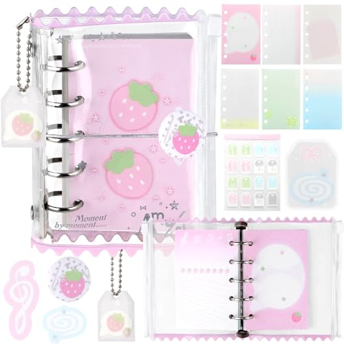 Kawaii M5 5 Ringbuch Notizbuch Nachfüllbar PVC Rosa Erdbeere Notebooks Lose Blatt Binder Notizbücher Niedlich Klein Reißverschluss Notizheft Refillable Campus Journal Notebook Für Schule Büro Zubehör