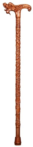 Texvora Bastón para ancianos, madera maciza de melocotón con mango de dragón y almohadillas antideslizantes, bastón de apoyo resistente
