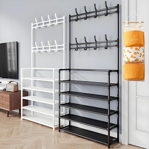 Coat Rack with Shoe Storage Large Coat Rack Stand Industrial with Hooks and Shoe Clothes Hat Shelf Metal Frame for Bedroom Living Room Hallway (with 8 Hooks) Freestanding(White,5-Tier)