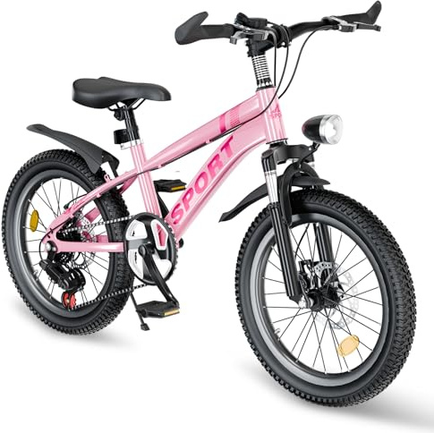 MCFANSHOU 20-Inch Kids Mountain Bike, 7-Speed Gears with Dual Disc Brakes, Front Suspension, LED Headlight, Youth Bike for Ages 6-12 (Pink, 20 in)
