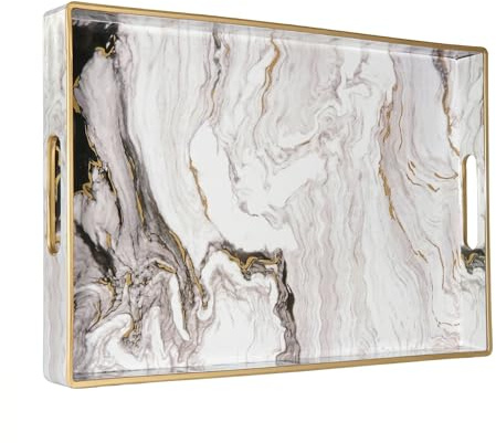 Heaven4you Luxury Elegant Decorative Rectangular Serving Cosmetic Organiser Tray with Handles – Gloss Finish, Gold Trim – For Coffee Table, Vanity, Kitchen or Cosmetics –40x26x4cm (White Marble)