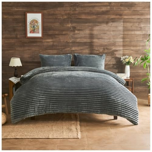 Lions Teddy Fleece Bedding Set - Thermal Ribbed Single Bed Duvet Cover with Matching Pillowcase, 100% Polyeser Warm Cosy Winter Quilt Covers, Charcoal, 137x200cm