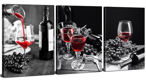 AIYISU Cuadro de pared de vino rojo y negro para decoración de cocina vintage copa de vino imágenes para comedor, bar, vino tinto, cuadros en lienzo negro blanco cáliz, póster de arte moderno