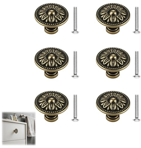 Antique Bronzy Door Knobs 6Pcs, Vintage Cabinet Knobs Copper Round Cupboard Knobs 30mm Antique Brass Drawer Pull Kitchen Handles Zinc Alloy Wardrobe Door Knob with Screws for Dresser Furniture
