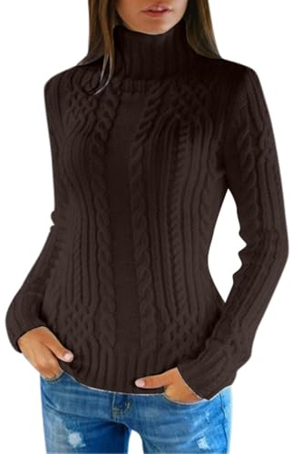 Generisch Maglione da donna a collo alto, a maniche lunghe, vintage, a maglia grossa, casual, morbido, casual, semplice, con dolcevita invernale, caldo