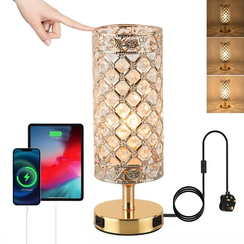 JHYPVII Touch Crystal Table Lamp for Bedroom, 3 Way Dimmable Gold Bedside Lamps with 2 USB Charging Port, Modern E27 Decorative Table Lights for Living Room Guest Room Study Room