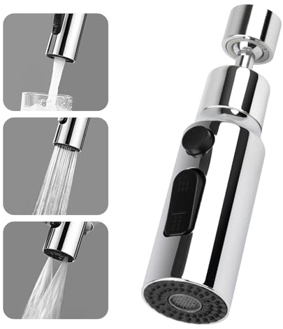 Kitchen Tap Spray Head 360° Swivel Faucet Extender 3 Function Spout Sink Taps Attachment Universal Tap Aerator Sprayer Replacement Adapter Accessories for Kitchen Sink, M22 Silver