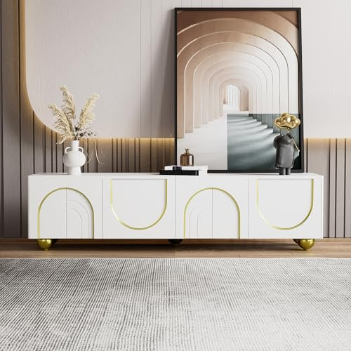TV-Schrank mit 4 Türen Lowboard mit goldenen Griffen Füßen TV-Ständer für Wohnzimmer Esszimmer Schlafzimmer Unterschrank TV Möbel Tisch Fernsehschrank Weiß