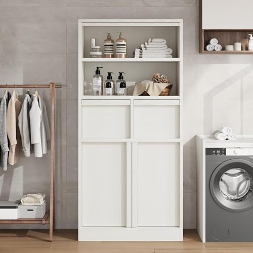 Crevyteg Badezimmerschrank, Badschrank, Aufbewahrungsschrank mit 2 Türen, 2 Schublade, 2 offenen Fächern, Hoher Schrank für Badezimmer, Wohnzimmer, Esszimmer, 60x30x130 cm, Weiß