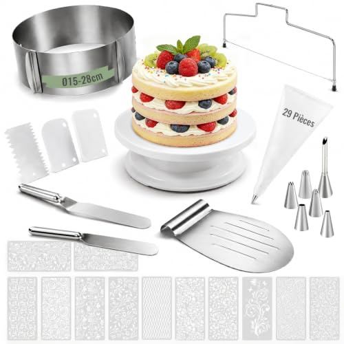 Kit Patisserie avec Cercle Patisserie Reglable Haut 8.5cm,Plateau Tournant | 27cm Plateau Tournant Gateau, Inox Spatule Patisserie,Silicone Set Poche à Douille et Douilles ,Lisseur Gateau Patisserie