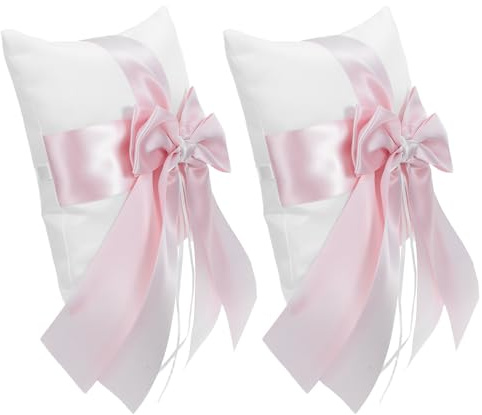 SHERCHPRY Cojín para Anillos de Boda Rosa con Lazo de Cinta Doble, Diseño Elegante y Manejo Cómodo para Ceremonia de Compromiso y Boda, Paquete de 2 Unidades