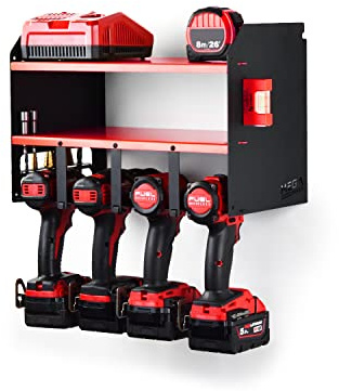 MegaMaxx Power Tool and Drill Storage Unit Charging Station for 4 Tools and 2 Shelf - Wall Mount Toolbox and Accessories Rack Cabinet for Workshop, Garage, Shed, Drill, Driver - Original UK Design