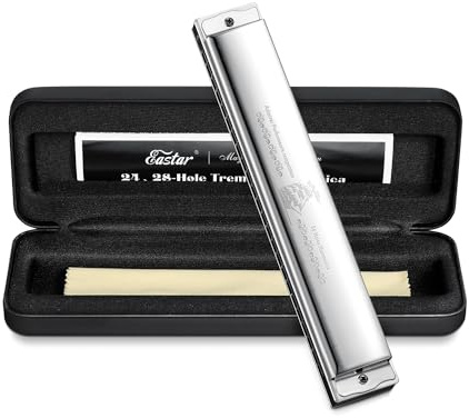 Eastar Admiral 24-Hole C Tremolo Harmonica Beginners, Hard Case, Silver
