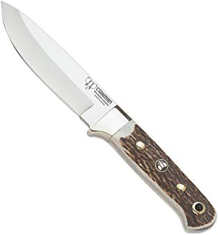 Cudeman Cuchillo 152-C hoja de acero inoxidable ACX-380 de 10 cm empuñadura de asta de ciervo pulida de 11 cm para caza, pesca, supervivencia y bushcraft + Portabotellas regalo