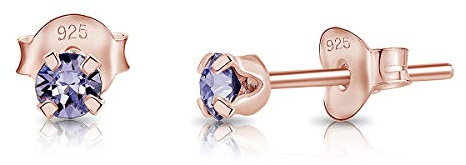 Pendientes de Botón Plata Ley 925 Chapados Oro Rosa 18K on Cristales Brillantes Lila 3 mm - Pendientes Pequeños Oro para Mujer - Punto de Luz Hipoalergénicos