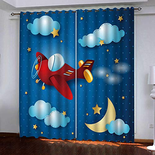 Vorhang Kinderzimmer Karikatur Flugzeug Wolke Kinder Vorhänge mit Ösen Polyester Gardinen Thermovorhang Blickdicht Ösenschal Kindergardinen für Wohnzimmer Schlafzimmer,2er Set,91.5x214cm (B x H),Blau