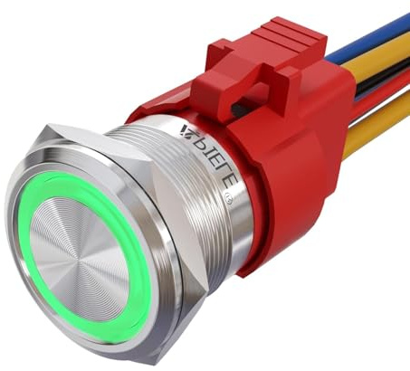 APIELE Neues 22MM Momentan Druckschalter 12VDC 10A, mit LED wasserdicht Momentary Drucktastenschalter mit vorverdrahtetem Stecker, Auto RV LKW Boot EIN/AUS Taste Schalter(Grün)