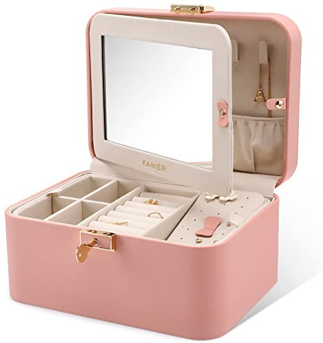 KAMIER Boîte à bijoux – Organiseur à 2 couches en cuir synthétique avec grande capacité, double verrouillage, miroir intégré, crochets cachés, séparateurs amovibles, rose