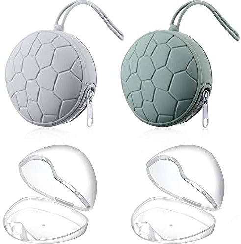 Nuanchu 4 Pieces Pacifier Holder Case Set 2 Silicone Portable Pacifier Case Cover Pouch for Diaper Bag with 2 Transparent BPA Free Pacifier Storage Container Box(Gray, Army Green)