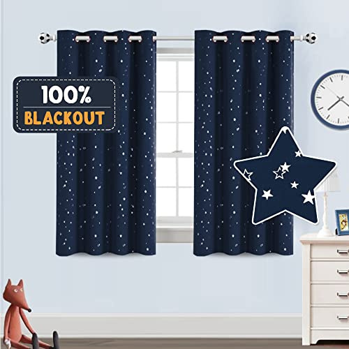 PrinceDeco Blackout Kids Curtains for Bedroom Thermal Insulated Silver Twinkle Star Curtains for Boys Antique Grommet Top Window Treatment 2 Panels Drapes for Nursery (52 W x 54 L, Navy/Silver)