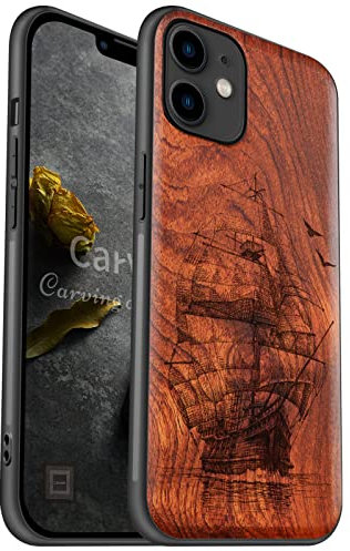 Carveit Coque Compatible avec iPhone 11 Étui en Bois [Etui en Bois Rigide Antichoc avec Cadre en TPU] pour 11 Premium Coque de Protection (Rosé-Vieux Voilier)