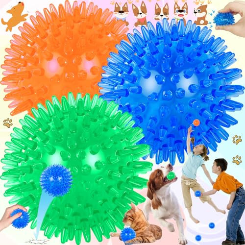 Oneroomone 3 Stücke Quietschendes Hundespielzeug, Kauspielzeug für Hunde, Stachelball, Wurfspielzeug für Welpen, Gummi, TPR, Kauspielzeug für Langeweile, Zahnreinigung für kleine und mittelgroße Hunde