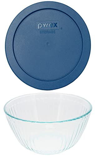 Pyrex 7402 6-Cup Sculpted Glass Mixing Bowl & 7402-PC 6/7-Cup Blue Spruce Lid - Made in USA