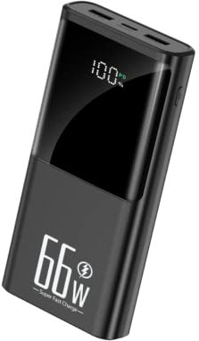 Power Bank Portatile 20000mAh 66W Ricarica Rapida Integrata in 4 Cavi Batteria Esterna Compatta Ultrasottile per Torcia da Campeggio All'aperto,Black,140 * 70mm